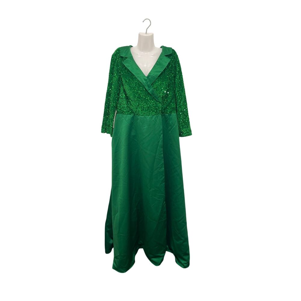 Emerald Green Sequined Formal Gown Dress Wide Collar A-Line Maxi Wicket Costume